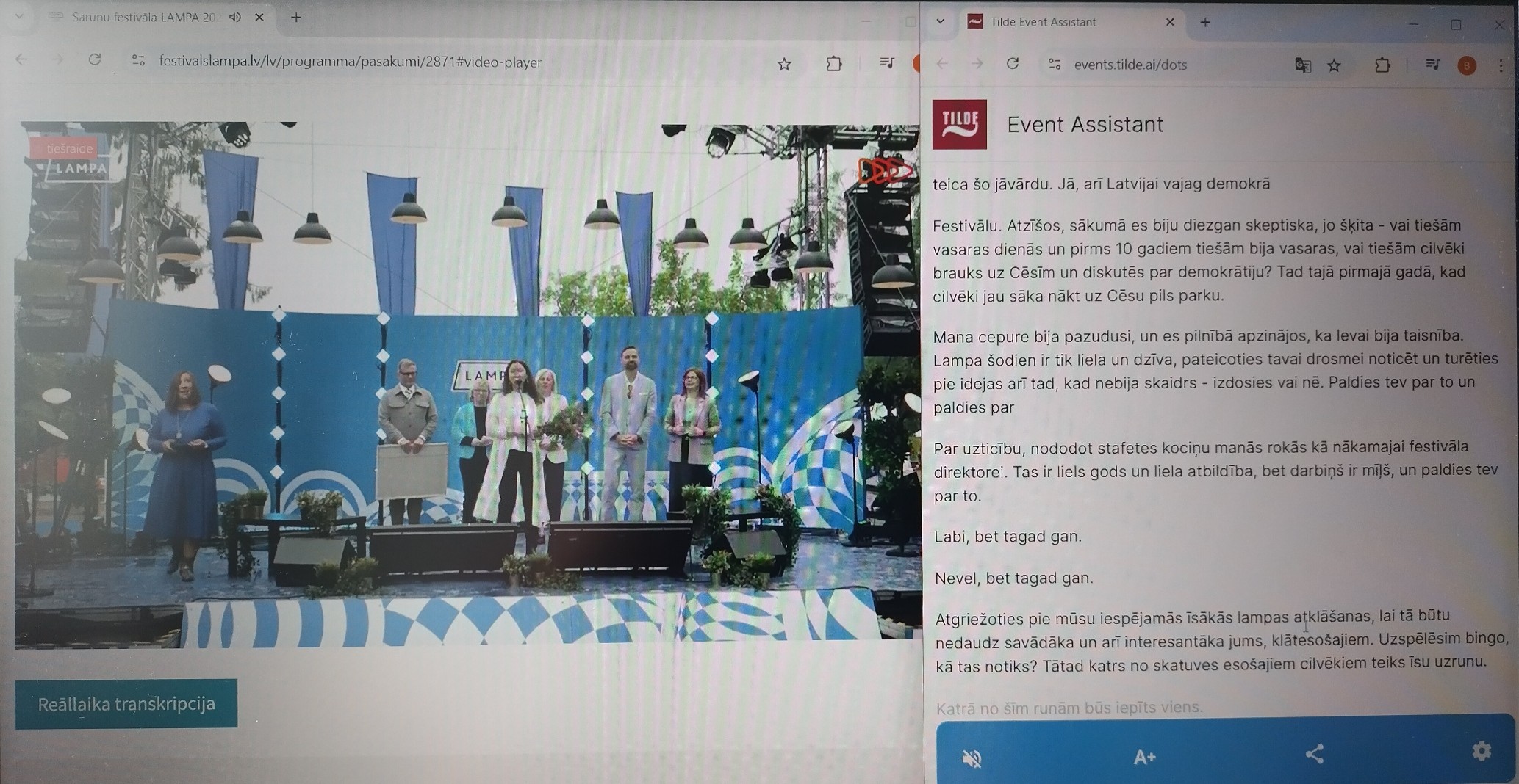 LIelākā skatuve DOTS laptopa ekrānā un Tildes titri blakus