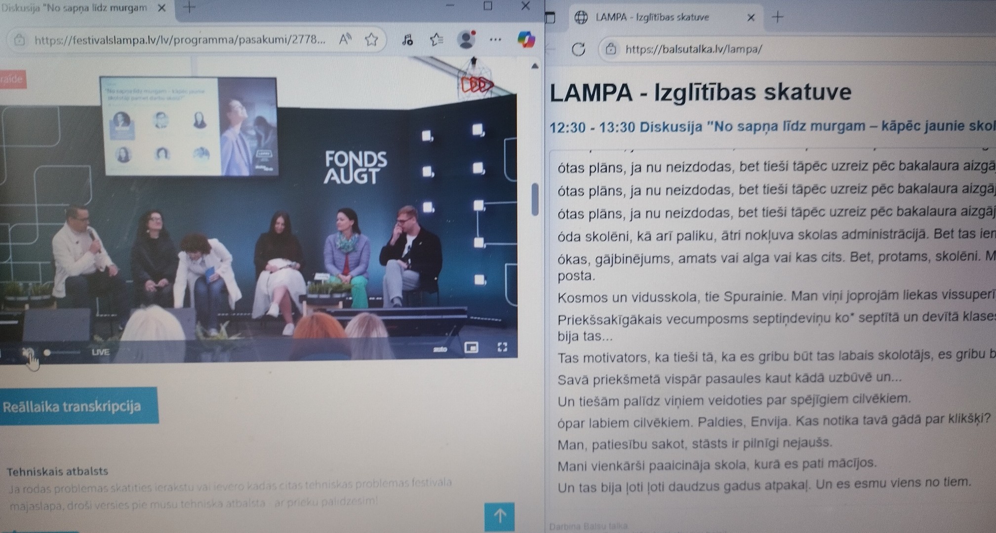 Laptopa ekranā runātaji uz Izglītības skatuves. Kreisajā pusē Balsu talkas titri.