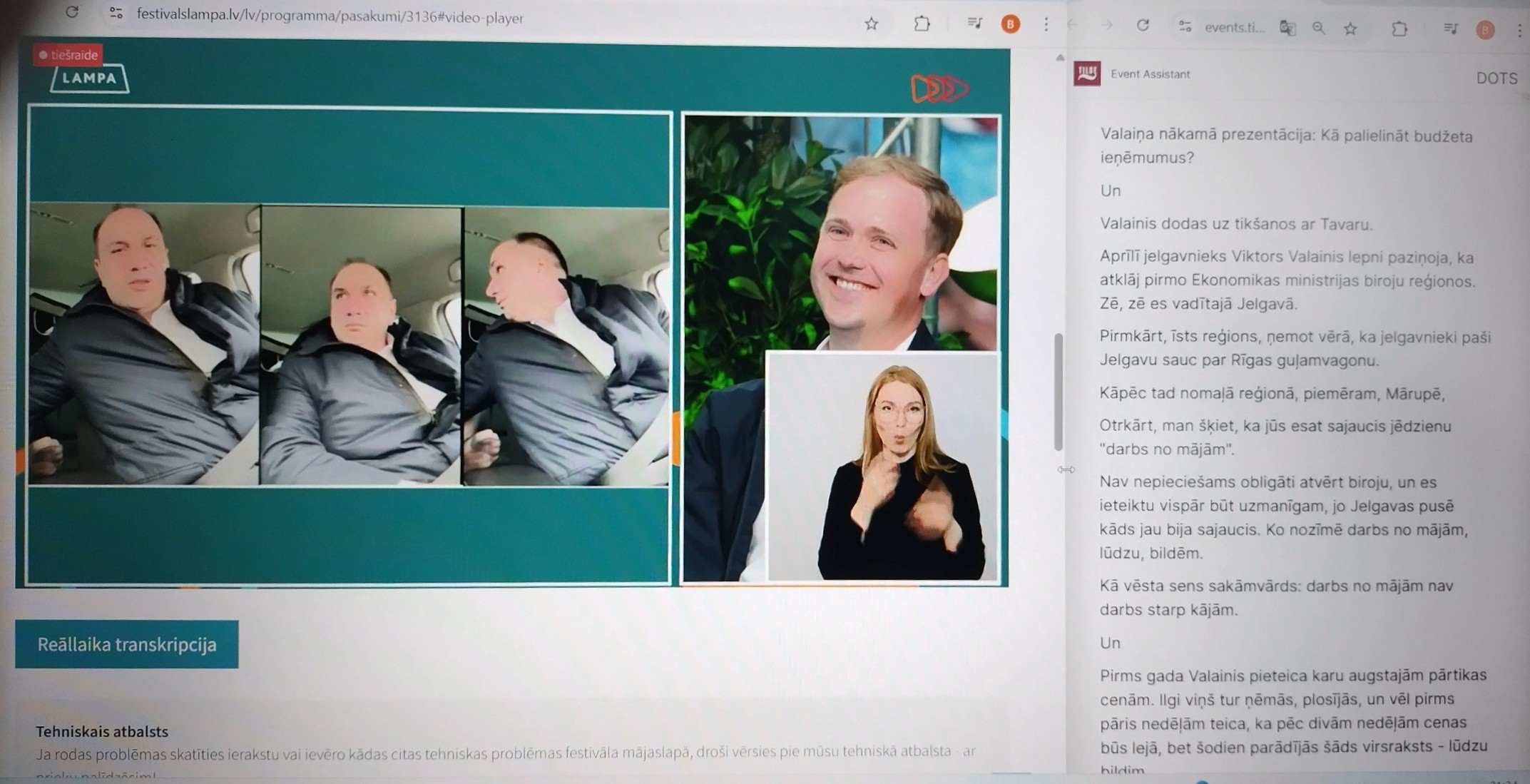 Laptopa ekrānā politiķis un surdotulkotāja. Blakus Tildes teksts