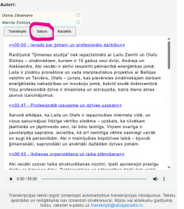 Norāde uz vārdu "Saturs". Teksta transkripcija sadalīta vairākās daļās pa tematiem