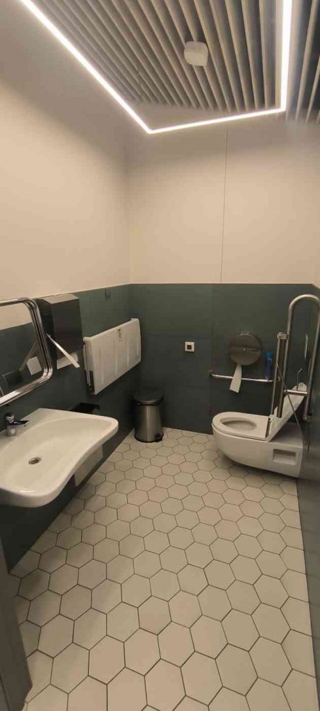 Tualete pelēkā krāsā, zaļas krāsas flīzes. Telpā ir pods ar diviem rokturiem, izlietne ar spoguli, miskaste, drošības aukla