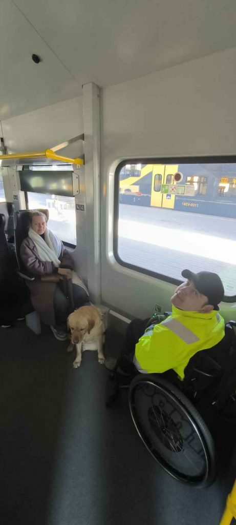 Voldemārs sēž ratos, mugurā dzeltena veste. Pretim sēž Ieva brūnā mētelī, balta šalle. Pie kājām brūnas krāsas labradors Pablo