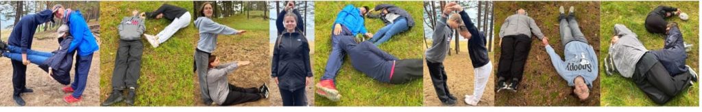 Dažādu attēlu kolāžā jaunieši stāvus, guļus zālē izveidojuši vārdu Apeirons